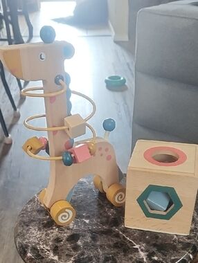 Wooden Giraffe Bead Maze & Shape Sorter Toy - Pink, Yellow, Blue, Green